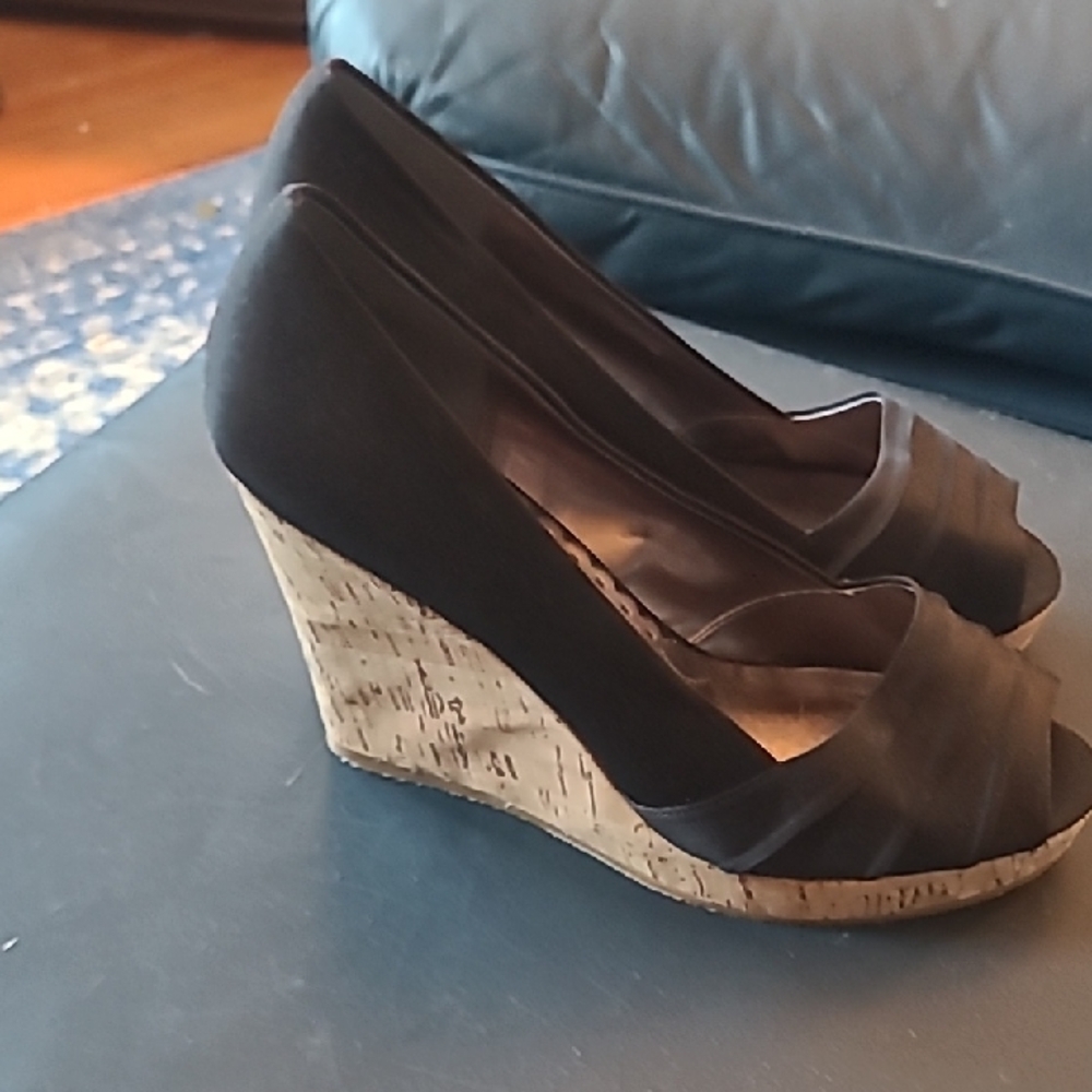Nordstrom Black Peep-Toe Cork Wedge Pumps